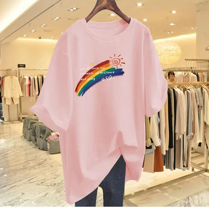 Women Clothing Fashion Hand-Painted Rainbow Print Tshirt Summer O-neck Short Sleeve 100 Cotton Basic Tee Loose Chic Top 45-105Kg