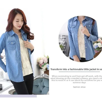 Slim Fit Cotton Denim Shirt Long Sleeve Women's Spring Autumn Summer Student Professional Outerwear Fashionable Casual Top
