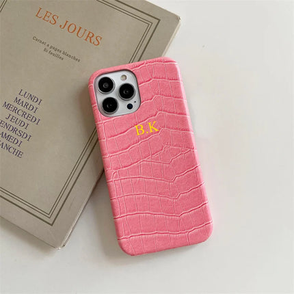 Personalise Customize Name Gold Letter Leather Case For iPhone 13 12 11 14 15 16 17 Pro XS Max XR 8 Plus Luxury Crocodile Cover