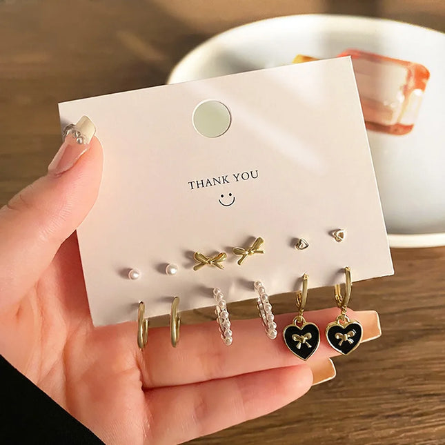 6pcs Set Korea Trend Oil-dripping Heart-shaped Butterfly Imitation Pearl Hoop Earrings Stud Earrings for Women Cute Jewelry Sets