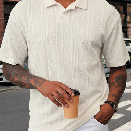 Men's Beige Argyle Texture Short Sleeve Polo Shirt Summer Loose Smart Casual Top