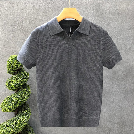 Men's Polo Neck Short Sleeve Knitted Sweater Slim Fit Summer Fashion Turn-down Collar Base Shirt Casual Style Pure Color