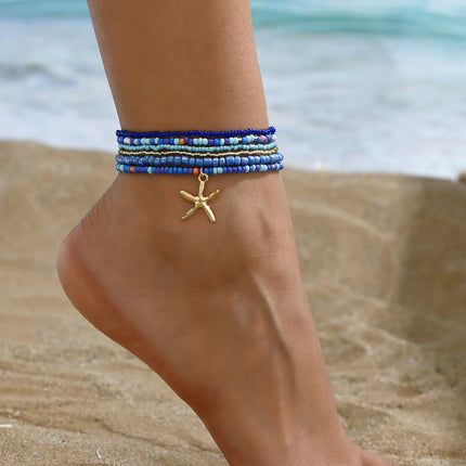Multilayer Bohemia Rice Bead Anklet Set for Women Fashion Starfish Pendant Anklets Summer Sandy Beach Ankle Chain on Leg Jewelry