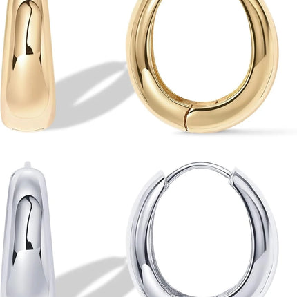14K Gold Plated Sterling Silver Post Small Chunky Hoops Earrings | Thick Lightweight Gold Hoop Earrings for Women Retro style