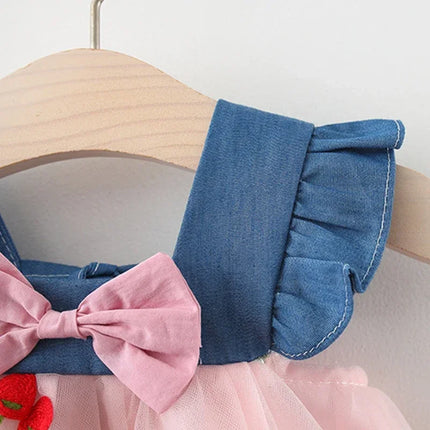 (Girls 0-3 Years Old) New Summer Girls Dress with Bow Preppy Princess Dress with Cherry Embroidery Small Flying Sleeves