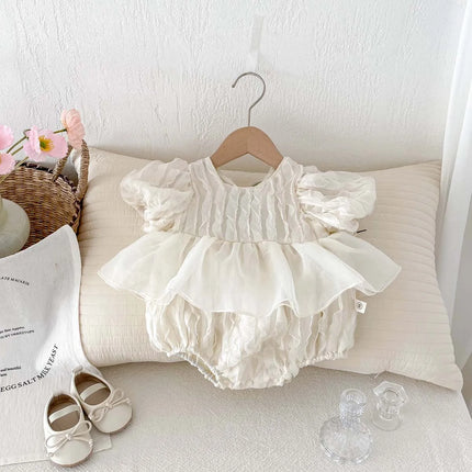 Children's Summer New Bubble Sleeve Short Sleeved Jumpsuit, Baby Children's Sweet Tulip Backless Lace Clothing