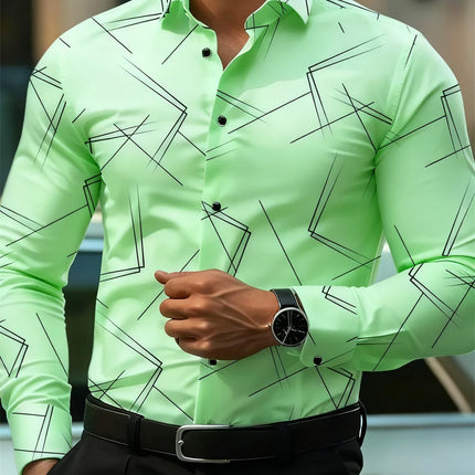 Men's trendy geometric line print long-sleeved shirt Business casual fashion design slim fit non-iron versatile ins style shirt