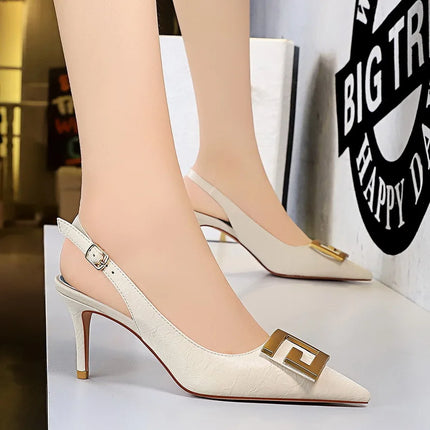 2024 Autumn Women Soft Leather Slingback Shoes Thin High Heels Office Dress Fashion Hollow Pointy Toe Gentle Sandals 8999-5