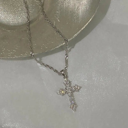 Silver Color Zircon Cross Pendant Necklace for Women Shiny Rhinestone Collar Necklaces 2025 Trend Christmas Jewelry
