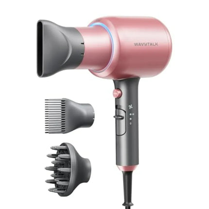 Ionic hair dryer for curly hair with diffuser, ceramic technology, 1875W fast drying, 3 attachments, light and quiet, rose gold