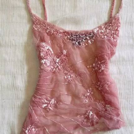 hirigin Sexy Sequin Slim Fit Irregular Strap Tank Crop Tops Versatile Sexy Hot Girl Summer Mesh See Through Sleeveless Tee Shirt