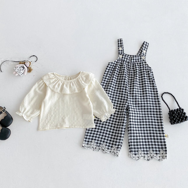 Baby set: Autumn girl baby lapel long-sleeve top + plaid overall set, sweet and stylish princess set