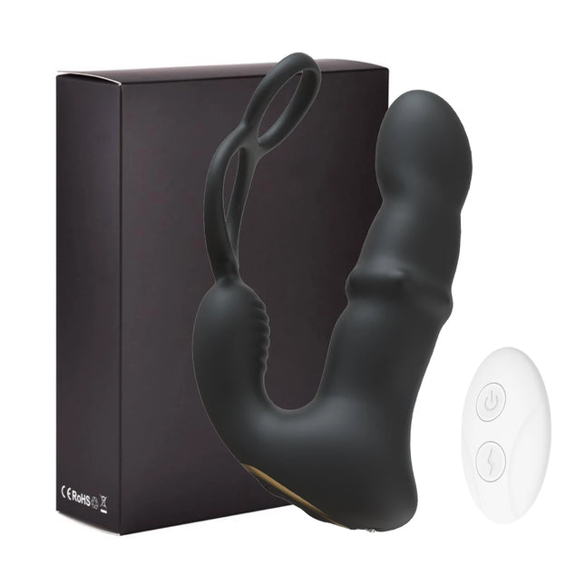 9 Wiggling Thrusting Beads Prostate Massager Vibrating Butt Plug with Penis Ring Vibrator Anal Dildo Prostate Stimulor for Men