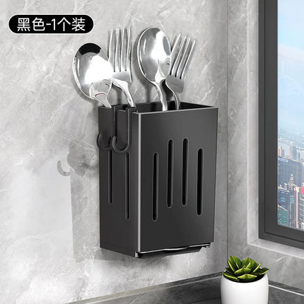 Kitchen Sink Utensil Caddy, Wall Mounted Chopstick Storage Rack with Drain Tray and Hooks, No Drilling Required