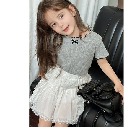 Girls' Ice Silk T-shirt Korean Style Short Sleeve Tops Children's Clothes 2025 Girl Summer Teen Kids Bow Round Neck Solid Tops