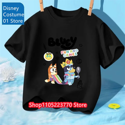 Autumn Winter Bluey Short Sleeve T-Shirt Kids Printed Top Soft Cartoon Tee Comfortable for Boys Girls