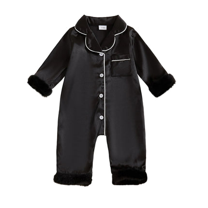 Pudcoco Baby Girl Satin Pajamas Contrast Trim Fur Trim Button Down Lapel V Neck Long Sleeve Romper