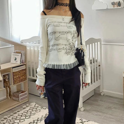 Y2K Aesthetic Fairy Off Shoulder Tops Women Long Sleeve Music Note Print Slim Fitted T-Shirt Ruffle Blouse Clothes