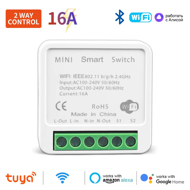 Wifi+Bluetoot Mini Smart Switch 16A DIY Light Switches 2 Way Wireless Smart Break Work with Tuya App Alexa Google Home Alice