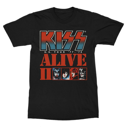 KISS Band Tour 77-78 Alive II Official T-Shirt – Classic Makeup Character Graphic Print, Retro Rock Merchandise for Band Fans