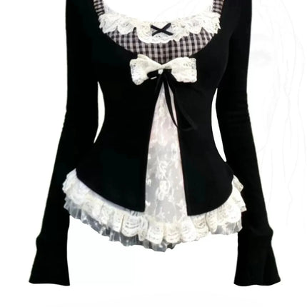 Korean Fashion Elegant Patchwork Lace Tops Slim Casual Long Sleeve Blouse 2000s American Vintage Sweet Pullover Chic