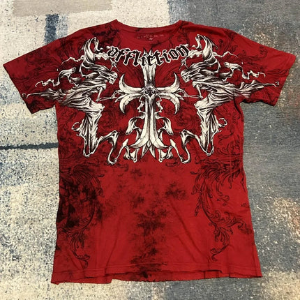 AFFICTION Red Goth Short Sleeves Men Women Vintage Cotton Couple Matching Hip Hop Streetwear Distressed Round Summer Grunge Tee