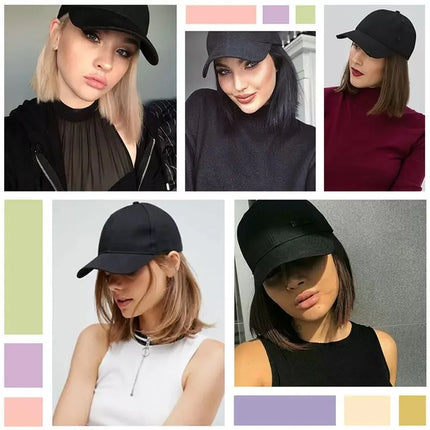 Baseball Cap With Wigs 12 Inch Short Straight Bob  Adjustable Hat Wgs Glueless synthetic Wig Cap With Extensions