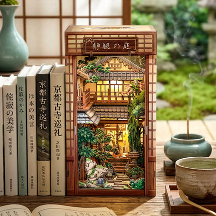 CUTEBEE Bookstore Model Miniature House DIY 3D Wooden Puzzle Bookshelf Insert Serene Courtyard with Dust Cover for Room Decor