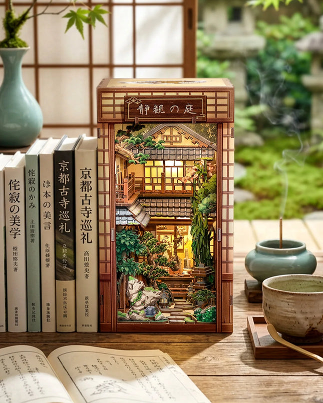 CUTEBEE Bookstore Model Miniature House DIY 3D Wooden Puzzle Bookshelf Insert Serene Courtyard with Dust Cover for Room Decor