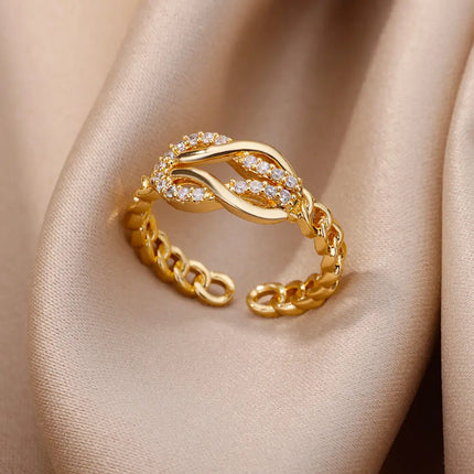 Gold Plated Stainless Steel Crystal Rings For Women Chain Geometry Zircon Finger Ring Jewelry Gift anillos mujer 2025 New Trendy