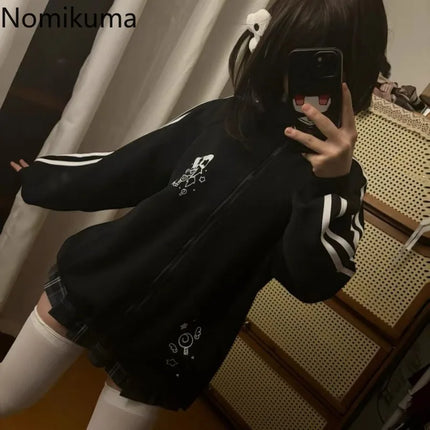 Black Cute Sweatshirts Coat 2025 Women's Clothing Stand Neck Zipper Jackets Y2k Tops Fashion Casual Anime Hoodies Ropa Mujer