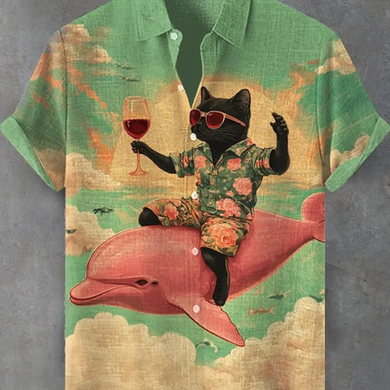 Funny Men's Cat Drinking Beer Shirts 3D Print Hawaiian Shirts Summer Men Women Short Sleeve Blouse Casual Vacation Beach Y2k Top
