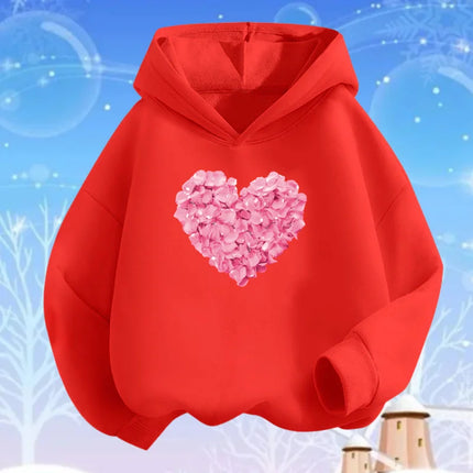 Pink Heart Flower Print Hoodies Girls Long Sleeve Pullover Loose Sweatshirt Spring Autumn Cotton Basic Top Fashion Clothes