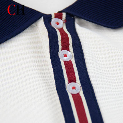 CH Men Multi Stripe Placket Short Sleeve Polo Shirt Tiny Red Embroidery Left Chest Old Money Quiet Luxury Coastal Vacation Wear