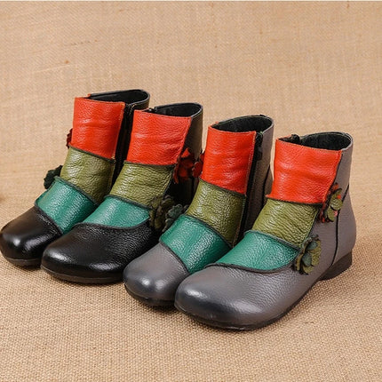 WOIZGIC Mother Women's Genuine Leather Boots Female Ankle Shoes Zipper Ethnic Style Autumn Plush Fur Warm Flower