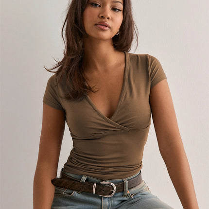 2025 Summer New Fashion Women's T-Shirt Solid-Color Slim-Fit V-Neck Short-Sleeve Top Y2k Clothing
