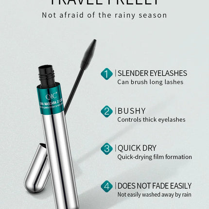 QIC Double Effect 4D Mascara Waterproof Long Curl Natural Thick Eyelash 2-in-1 Black Mascara with 2 Brush Heads