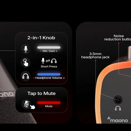maono PD100W Wireless Dynamic Microphone Cardioid Dynamic Mic 50m Range One-Touch Noise Reduction RGB for Gaming Live Streaming
