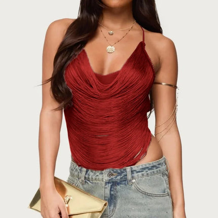 Women's Fringe Trim Halter Top Sexy Sleeveless Backless Asymmetrical Hem Tassel Cropped Party Tank Tops