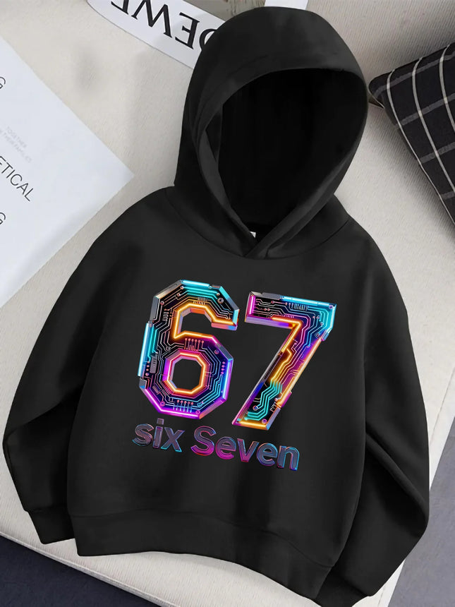 Cyber Circuit Board Digital "67" Printed, Dazzling And Tech-Savvy Black Children's Hooded Sweatshirt