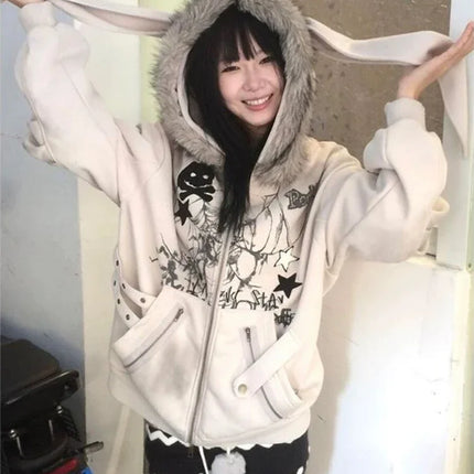 Harajuku Casual Rabbit's Ears Cute Hoodies Women Y2k Aesthetic Loose Printing Vintage Coats Streetwear Zipper Grunge Sweatshirts