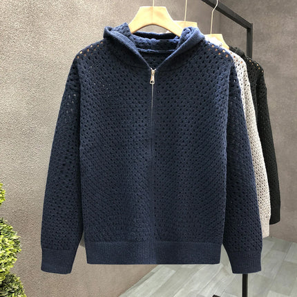 Men's Full Zip Hooded Knit Jacket Casual Hollow Out Mesh Zip Up Sweater Lightweight Summer Hoodie with Ribbed Cuffs