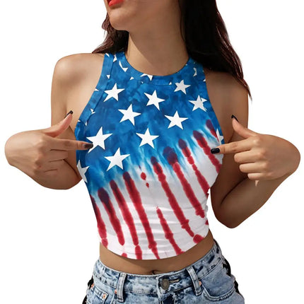 Nadanbao Women's Vest Summer Casual American Flag Tie Dyeing Cropped Tight Sleeveless T-Shirt Streetwear Crop Tops Y2K Tees