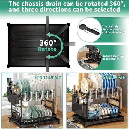 Double Layer Drainable Tableware Rack Large Capacity Metal Stand Lockable Bowl Holder Kitchen Storage Organizer