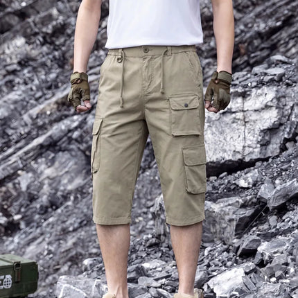 Men Washed Cotton Tactical Cargo Capri Shorts Multi Pockets Elastic Waist Outdoor Mountaineering Training9A310