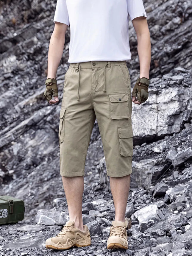 Men Washed Cotton Tactical Cargo Capri Shorts Multi Pockets Elastic Waist Outdoor Mountaineering Training9A310