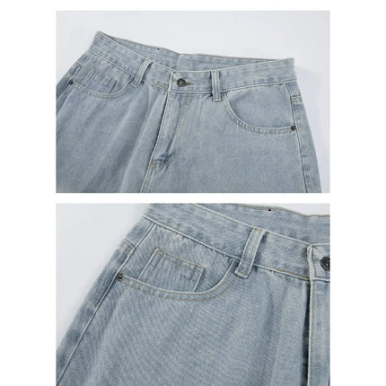 Men's American High Street Baggy Jeans 2026 Summer New Light Wash Distressed Knife Cut Wide Leg Casual Denim Pants