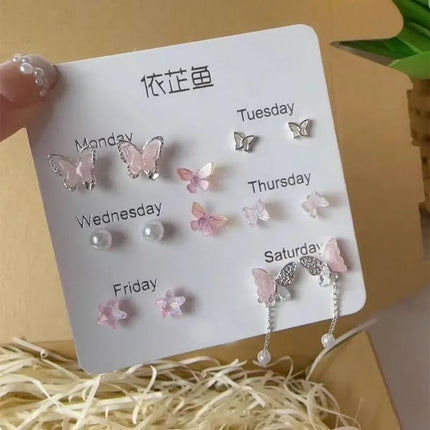 Colorful Flower Butterfly Earrings Seven-piece Set For Women Fashion Personalized Daily Accessory Party Jewelry Birthday Gifts
