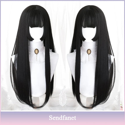 AS Long Straight Black Synthetic Wig For Woman With Bangs Black Cosplay Lolita Wigs Heat Resistant Natural Hair