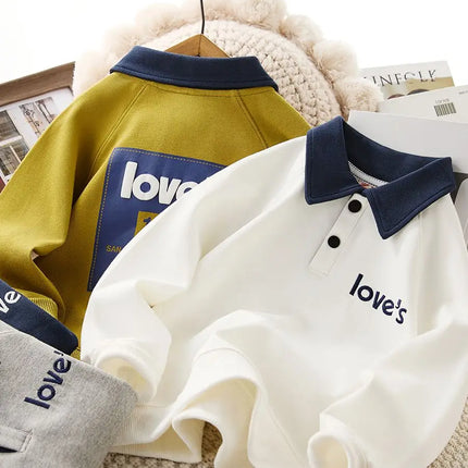 New Letter Printed Boys Polo Sweatshirt Autumn Sportswear Costume Kids Tops Children's Clothes Pullove Teen 6 8 10 12 14 Years